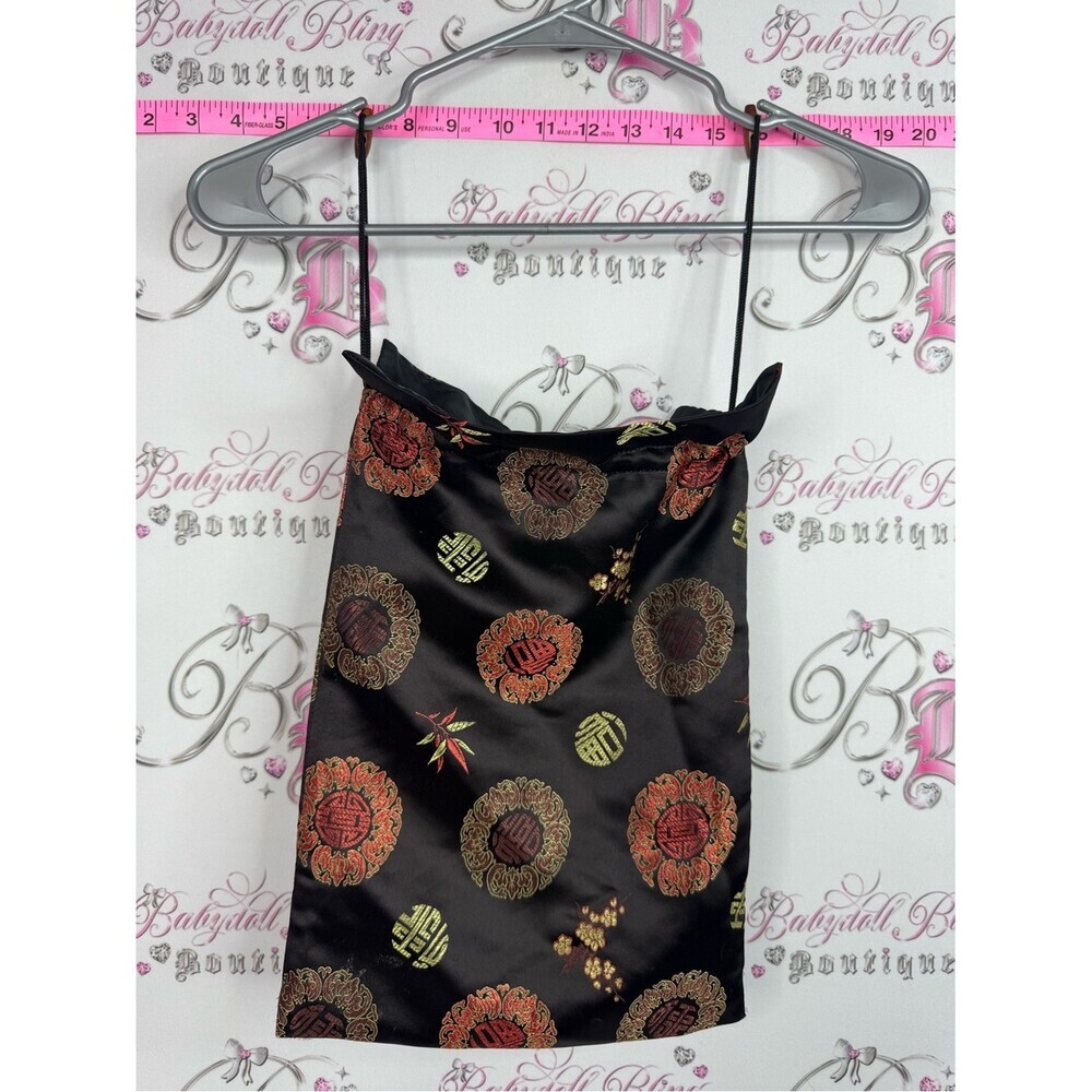 Tie bag Black Satin Mini Bag with Red and Gold Oriental Motif